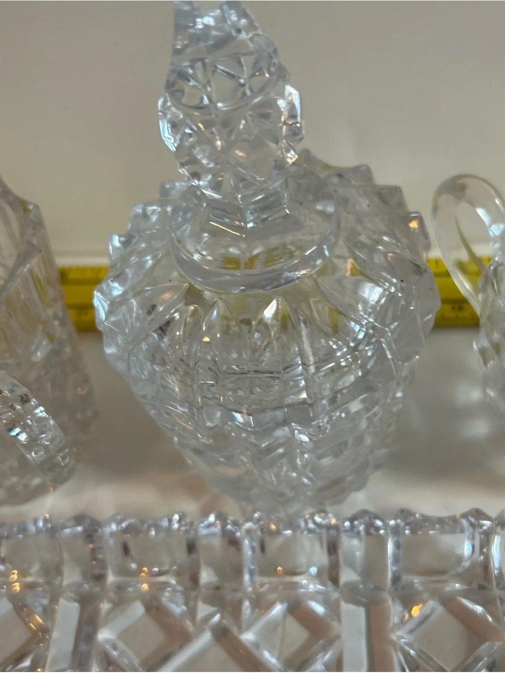 American Brilliant Elegant Cut Glass Creamer, Sugar bowl with Lid, and Tray